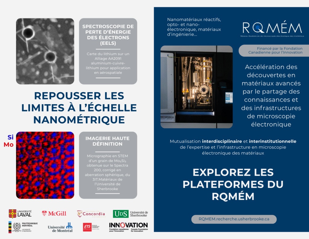 Brochure RQMÉM :Repousser les limites à l'échelle nanométrique, carte du lithium sur un alliage d'aliminium AA2091 pour application en aérospatiale, obtenu par spectroscopie de perte d'énergie des électrons (EELS), micrographie en STEM d'un grain de Mo5Si3 obtenue sur le Spectra 200, corrigé en aberration sphérique, du noeud d el'université de Sherbrooke. Les logos des universtiés partenaires soit : L'Université Laval, McGill, Concordia, Université de Sherbrooke, Polytechnique Montréal, Université de Montréal, École de technologie supérieure, et la Fondation canadienne pour l'innovation. Nanomatériaux réactifs, opto- et nano- électronique, matériaux d'ingénierie... logo du RQMÉM, image du microscopie électronique en transmission Spectra 200, financé par la fondation canadienne pour l'innovation, accélération des découvertes en matériaux avancés par le partage des connaissances et des infrastructures de microscopie électronique. Mutualisation interdisciplinaire et interinstitutionnelle de l'expertise et l'infrastructure en microscopie électronique des matériaux. Explorez les plateformes du RQMÉM. RQMEM.recherche.usherbrooke.ca