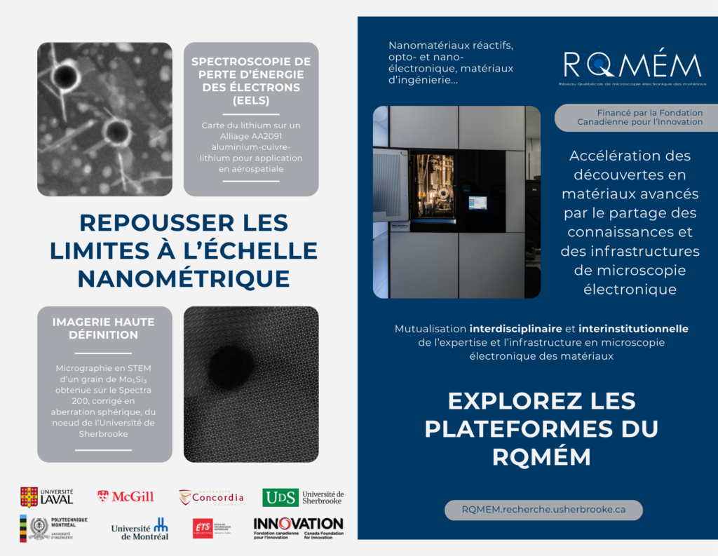 Brochure RQMÉM :Repousser les limites à l'échelle nanométrique, carte du lithium sur un alliage d'aliminium AA2091 pour application en aérospatiale, obtenu par spectroscopie de perte d'énergie des électrons (EELS), micrographie en STEM d'un grain de Mo5Si3 obtenue sur le Spectra 200, corrigé en aberration sphérique, du noeud d el'université de Sherbrooke. Les logos des universtiés partenaires soit : L'Université Laval, McGill, Concordia, Université de Sherbrooke, Polytechnique Montréal, Université de Montréal, École de technologie supérieure, et la Fondation canadienne pour l'innovation. Nanomatériaux réactifs, opto- et nano- électronique, matériaux d'ingénierie... logo du RQMÉM, image du microscopie électronique en transmission Spectra 200, financé par la fondation canadienne pour l'innovation, accélération des découvertes en matériaux avancés par le partage des connaissances et des infrastructures de microscopie électronique. Mutualisation interdisciplinaire et interinstitutionnelle de l'expertise et l'infrastructure en microscopie électronique des matériaux. Explorez les plateformes du RQMÉM. RQMEM.recherche.usherbrooke.ca